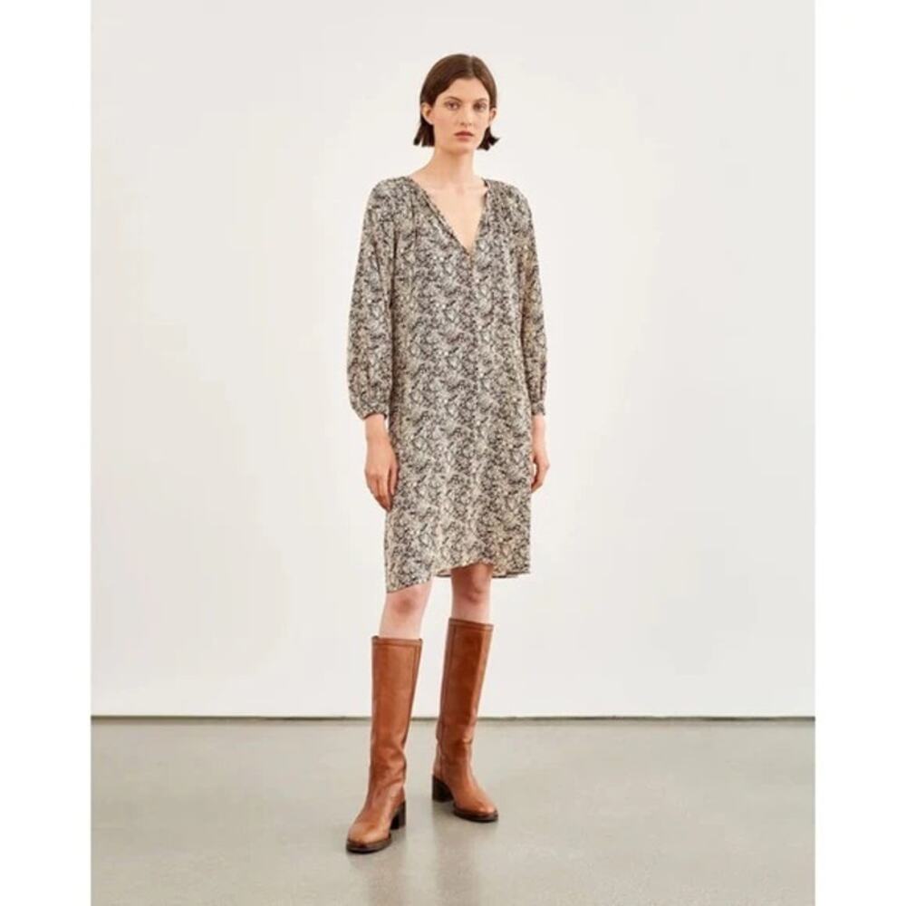 NILI LOTAN Rosalin Dress In Fall Leaf Size XS‎ Brown Cream Silk Long Sleeve Chic
